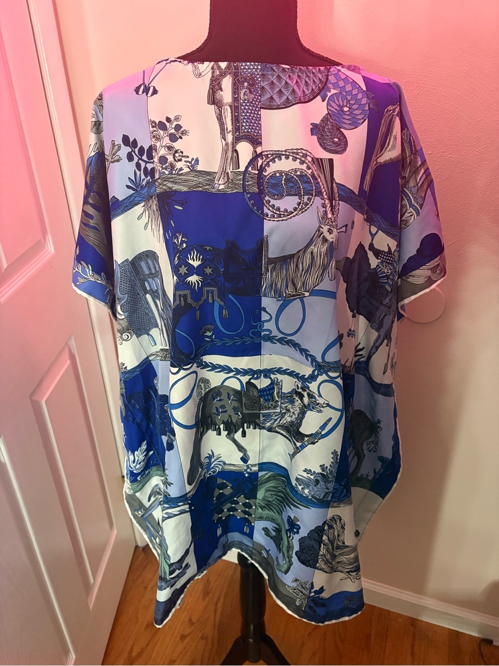 California Caftans Blue & White Scenic Silk Blouse